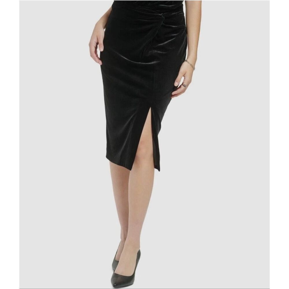 Karl Lagerfeld Paris Women’s Small Black Velvet Twist Front Midi Skirt Slit NEW
